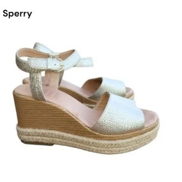 Sperry Topsider Plushwave Fairwater Metallic Gold Tan Leather Espadrille Wedge 9 - Picture 2 of 13